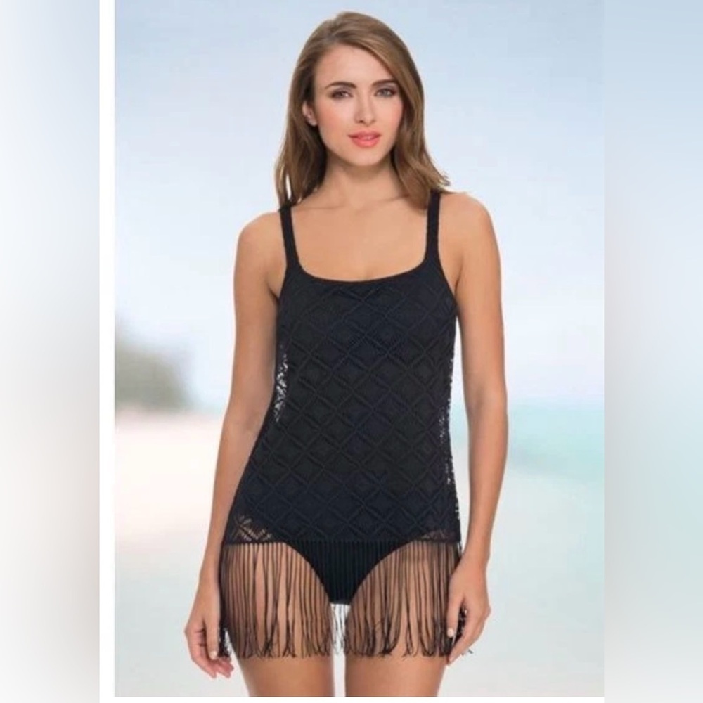 Profile by Gottex Charleston Crochet Fringe Black One-Piece Swimsuit Women's NWT